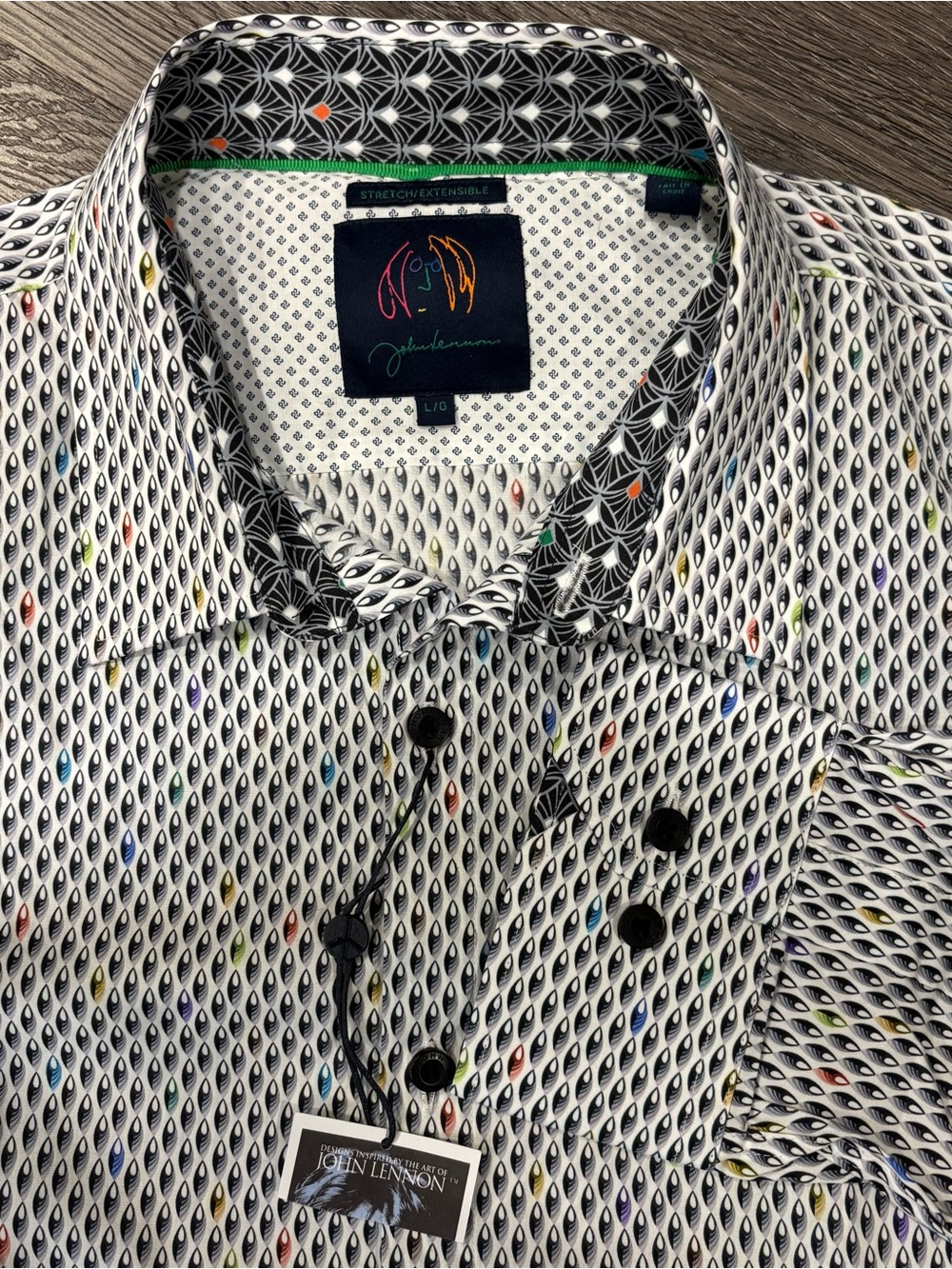 NWT John Lennon White Patterned Men's Dress Shirt, Mens Large